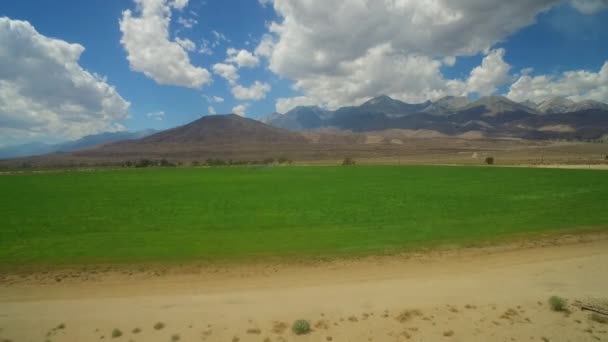 Antenn Över Jordbruksmark Owens Valley Regionen Kalifornien Med Bevattningslinjer Förgrund — Stockvideo