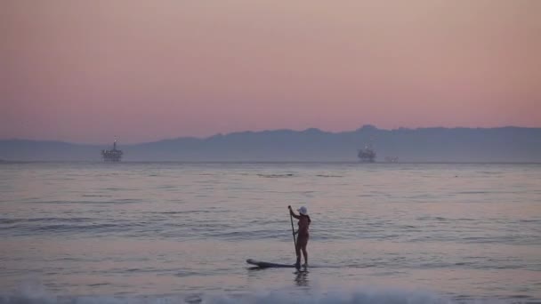 Ein Paddler Rudert Bei Sonnenuntergang Über Den Ozean — Stockvideo