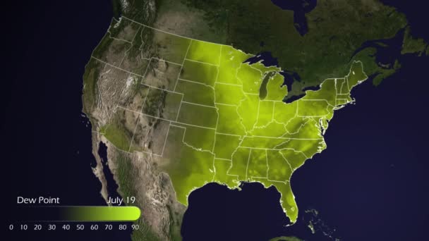 一个动画地图可视化显示了整个美国的露点 — 图库视频影像