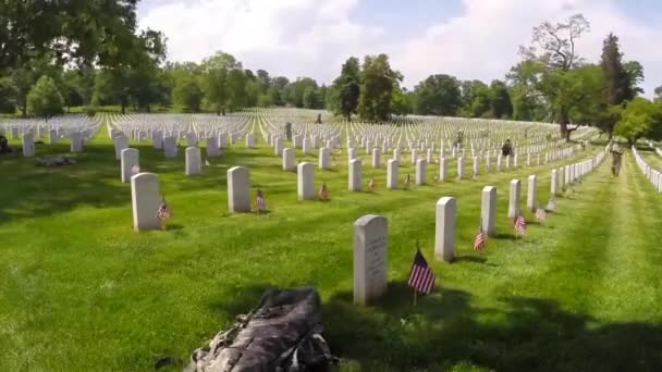 在阿灵顿国家公墓的墓碑上挂满了国旗 以纪念美国战争死难者 — 图库视频影像