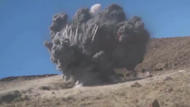 Rockets Fired Fighter Jets Create Huge Explosion Desert — Stock Video