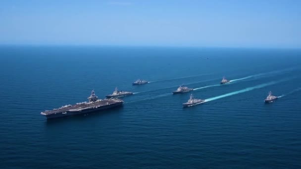 非常好的空中飞越了在海上的美国军舰舰队 — 图库视频影像