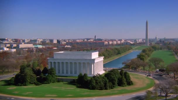 Hermosa Aeronave Sobre Lincoln Memorial Washington Con Antecedentes Monumento Washington — Vídeo de stock
