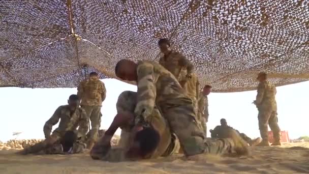 2018 ジブチ軍 Fad のメンバーは 砂漠でコマンド襲撃を実行し 負傷者を救助する — ストック動画