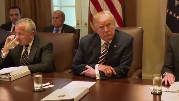 2018 米国のドナルド トランプ大統領は イランとの戦争に行く廃棄に関する閣議の前に話す — ストック動画