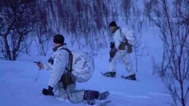 2018 ノルウェー軍兵士がスキーやスノーモービルを使用して雪の中で冬に地上戦術を行使 — ストック動画