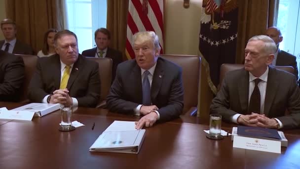 2018 米国大統領ドナルド トランプは 世界の歴史の中でキャッチとリリースと最悪の移民法についての閣議の前に話す — ストック動画