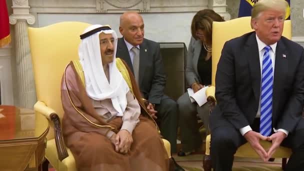 2018 米国大統領ドナルド トランプはホワイトハウスでクウェート国のアミールと会い 彼がクウェートとその国への投資をどれだけ好きなのか議論します — ストック動画