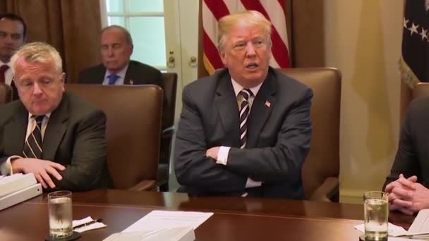 2018 ドナルド トランプ米国大統領は イランの核取引を廃棄することに関する閣議の前に話す — ストック動画
