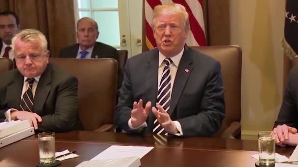 2018 ドナルド トランプ米大統領は イランの核取引を廃止し 強力な軍事力を持つことについての閣議の前に話す — ストック動画