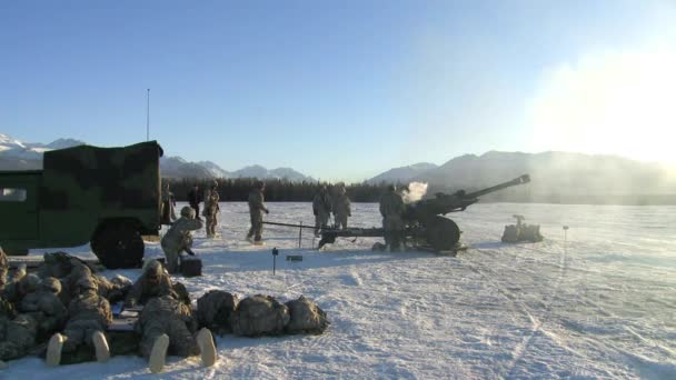 Una Pieza Artillería Dispara Paisaje Nevado — Vídeo de stock