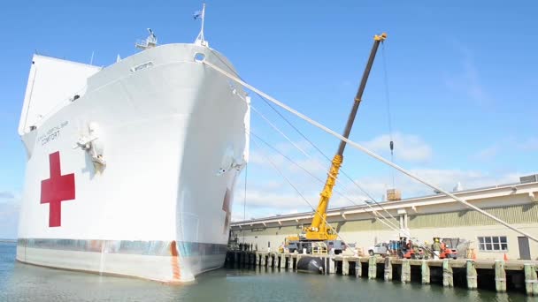 2020 Navy Hospital Ship Mercy Loaded Dockside Goods Fight Coronavirus — Stock Video