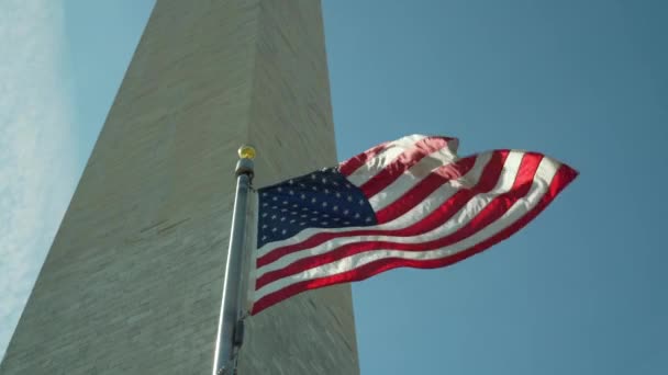 この愛国的なワシントンDcで撮影された背景にあるワシントン記念碑とアメリカの国旗が飛びます — ストック動画