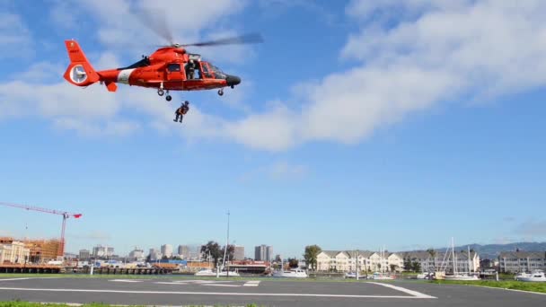 2018年 一名美国海岸警卫队士官和他的警犬伙伴被绳子从直升机下放到阿拉米达海岸警卫队基地 — 图库视频影像