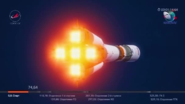 애니메이션 영화는 비행중인 러시아 소유즈 로켓의 단계를 — 비디오