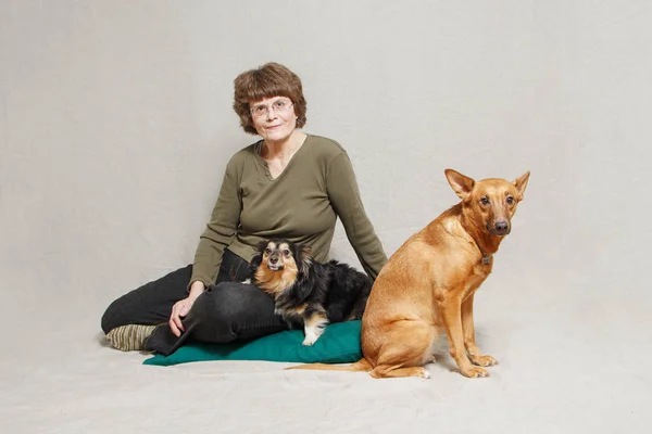 Glückliche Seniorin mit zwei verschiedenen Hunden — Stockfoto