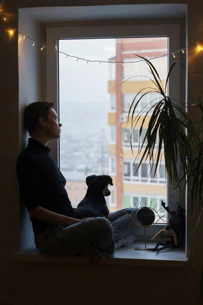 Frau und Hund am Fenster in Quarantäne — Stockfoto