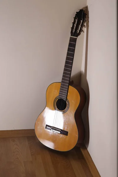 Guitarra clásica en placa de madera y fondo blanco aislado Imagen de archivo