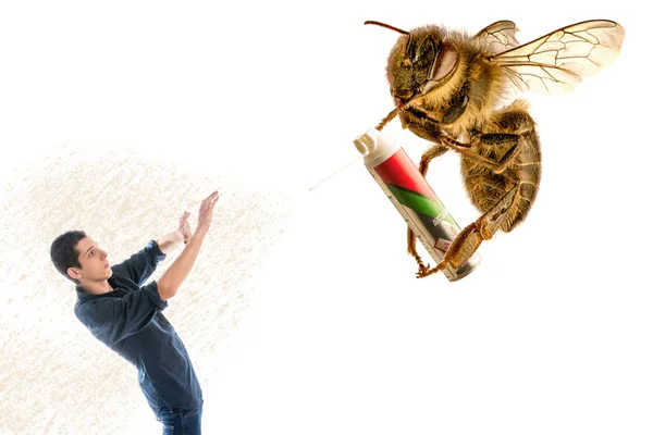 Abeille géante pulvérisation insectiside sur un homme — Photo