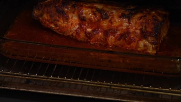 Taking Piece Pork Tender Loin Oven — Stock Video