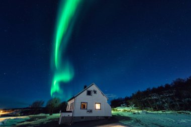 Lofoten Adaları, Norveç kamp turist üzerinde Kuzey ışıkları (Kutup ışıkları). Kutup ışıkları ve güzel yıldızlı gökyüzü gece kış manzarası