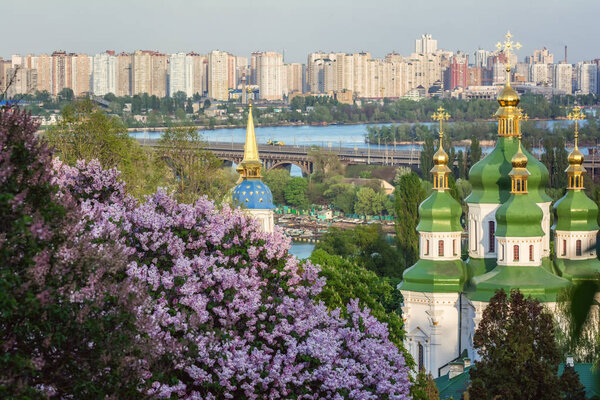 Bright colors in Kiev botanical garden at spring time and beautiful view to Dnipro river. Kiev, Ukraine