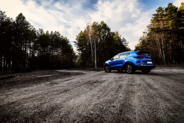 Kyiv, Ukrayna - 26.03.2020 Mavi Kia Sportage gün batımında ormanda