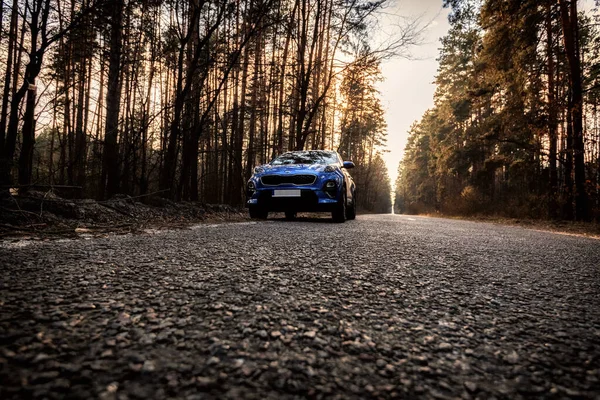 Kyiv, Ukrayna - 26.03.2020 Mavi Kia Sportage gün batımında ormanda