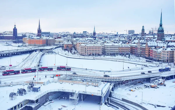 Winterpanorama von der Aussichtsplattform der Altstadt (Gamla stan) in Stockholm, Schweden Stockbild