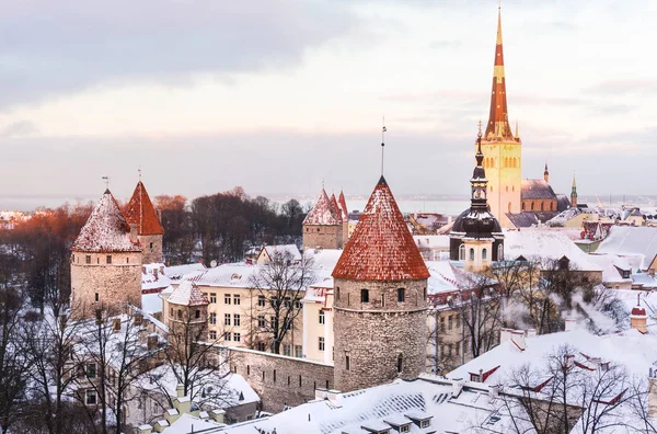 Blick von der Aussichtsplattform im Winter auf die Burg und die Altstadt von Tallinn Stockfoto