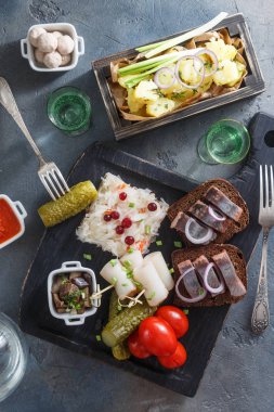 Meze yemek, ringa balığı ve votka ve turşu ile ahşap tahta üzerinde çavdar ekmeği