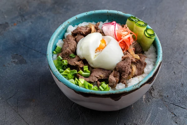 Cuenco Gyudon o plato de carne de res y arroz aislado, espacio de copia —  Fotos de Stock