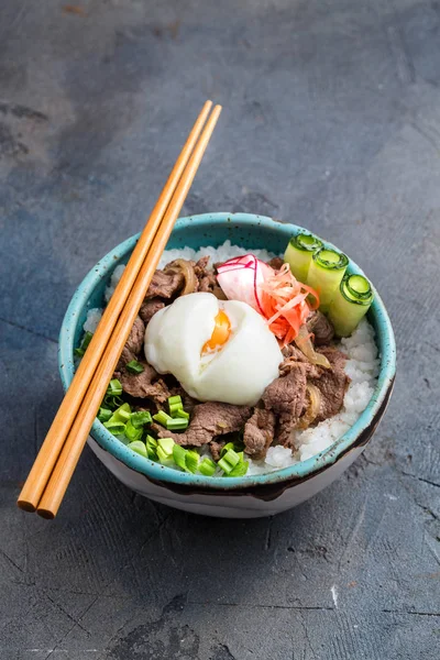 Cuenco Gyudon o plato de carne de res y arroz aislado, espacio de copia —  Fotos de Stock