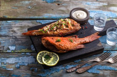 Füme balık okyanus levrek ifadeler, kopya alanı için yer ile
