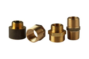 Hexagon brass threaded nipples for pipe, reductions for plumbing and valves for plumbing isolated on white background clipart