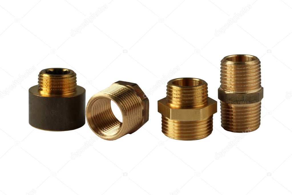 Hexagon brass threaded nipples for pipe, reductions for plumbing and valves for plumbing isolated on white background
