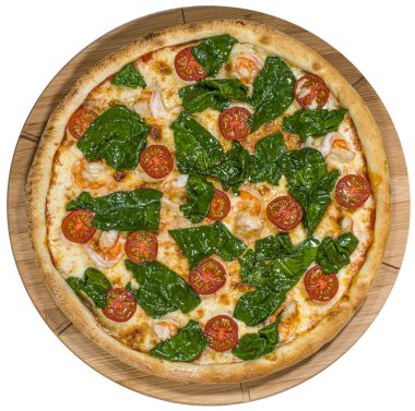 Tahtada karides ve ıspanaklı pizza.