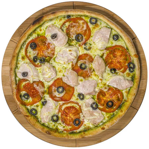Pizza Com Frango Pesto Quadro Negro — Fotografia de Stock