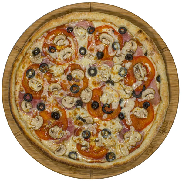 Pizza Capricosa Cogumelos Uma Tábua Com Azeitonas — Fotografia de Stock
