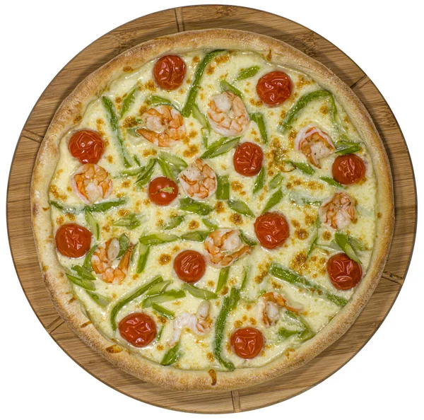Pizza Com Camarão Espargos Tabuleiro — Fotografia de Stock