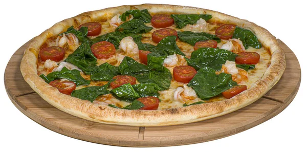Pizza Com Camarão Espinafre Tabuleiro — Fotografia de Stock