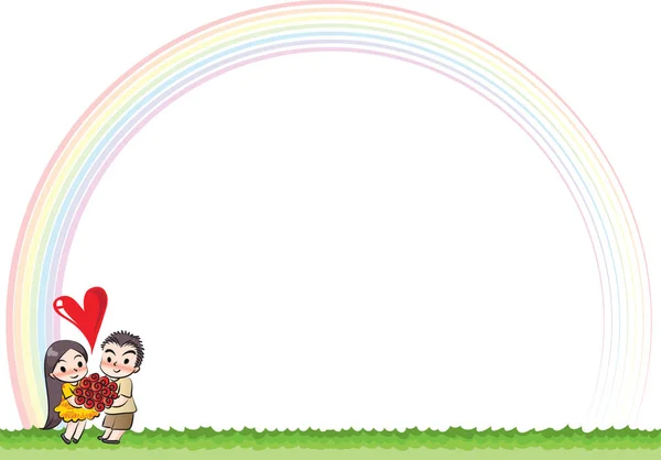 男孩和女孩与彩虹背景 — 图库照片