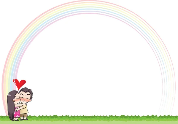 Junge und Mädchen mit Regenbogen-Hintergrund Grenze — Stockfoto