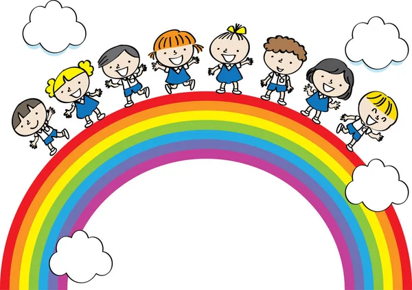 Dibujos Animados Niños Con Vector Arco Iris — Vector de stock