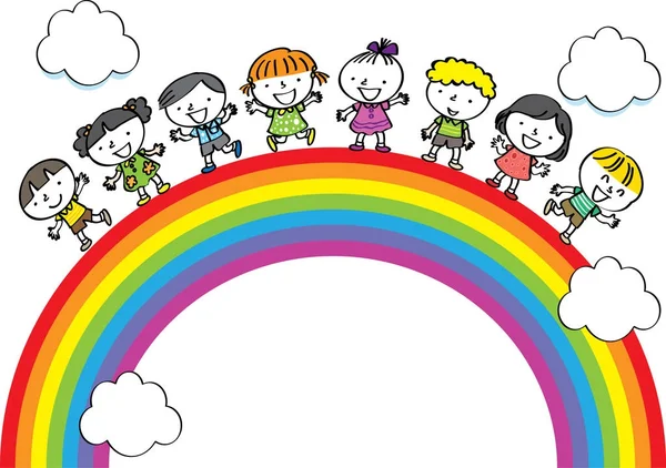 Cartoon Kinder Mit Regenbogen Vektor — Stockvektor