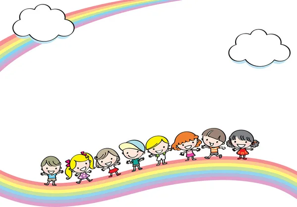 Karikatur Kinder Auf Dem Regenbogen — Stockvektor