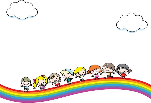 Karikatur Kinder Auf Dem Regenbogen — Stockvektor