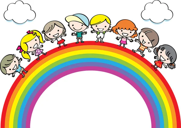 Cartoon Kinder Mit Regenbogen Vektor — Stockvektor