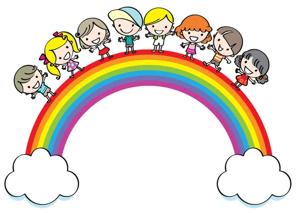 Karikatur Kinder Auf Dem Regenbogen — Stockvektor