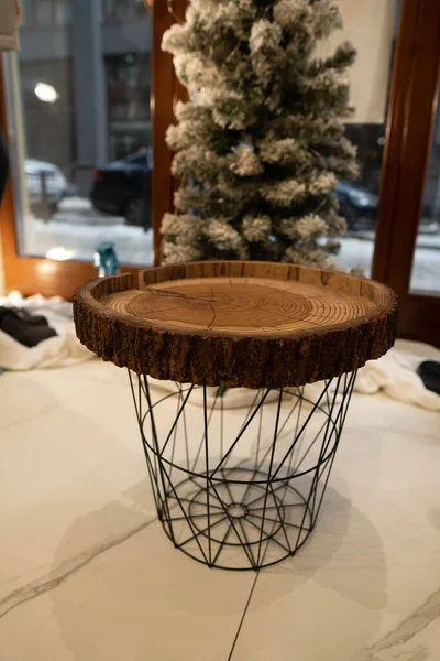 Tree stump round cut with annual rings. table from a cut of a tree